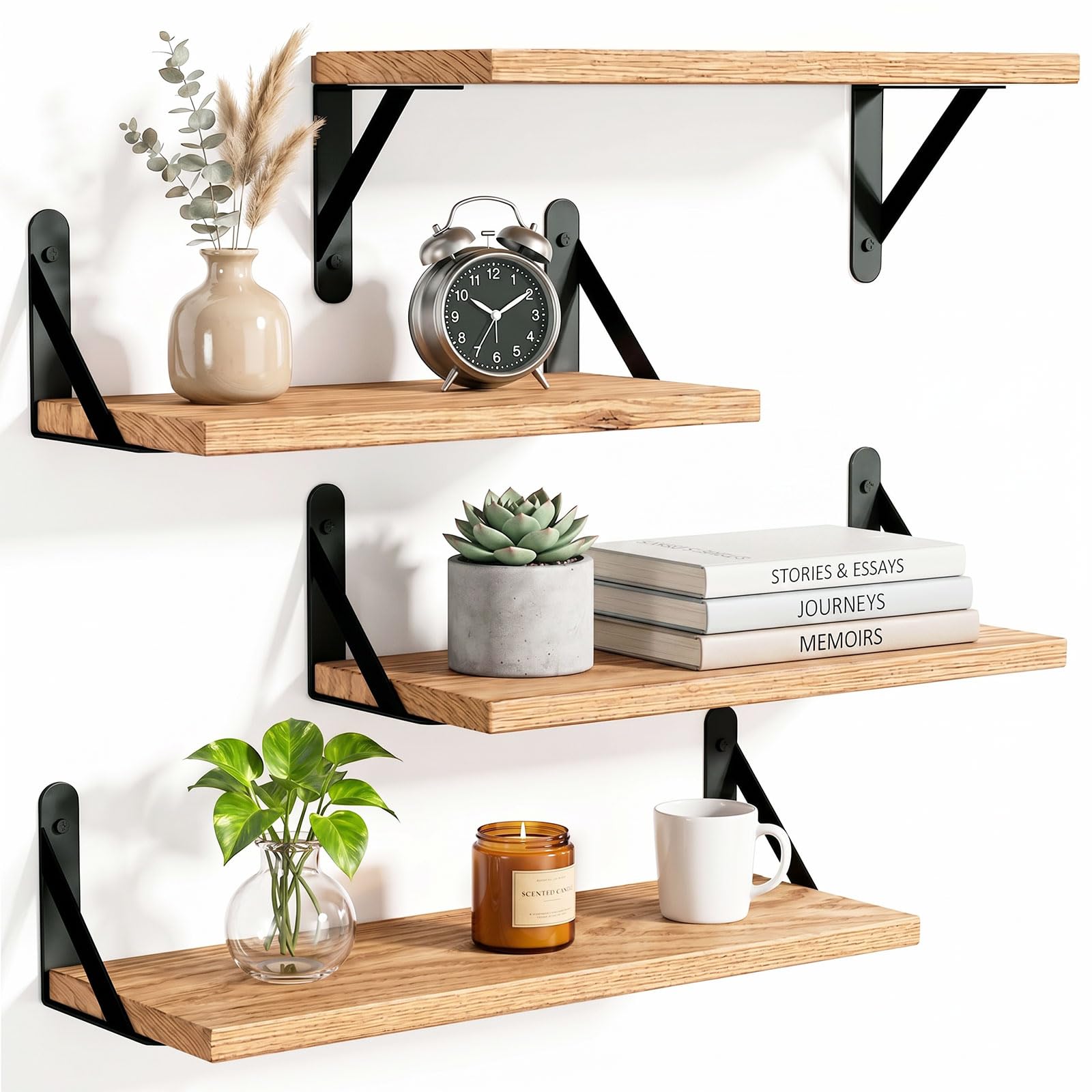 Sythrix Floating Shelves for Wall Mounted Shelf, 4 PCS Wooden Kitchen Bedroom Shelves,Display Mounted Rustic Wood Shelf for Kitchen, Bathroom, Bedroom, Living Room