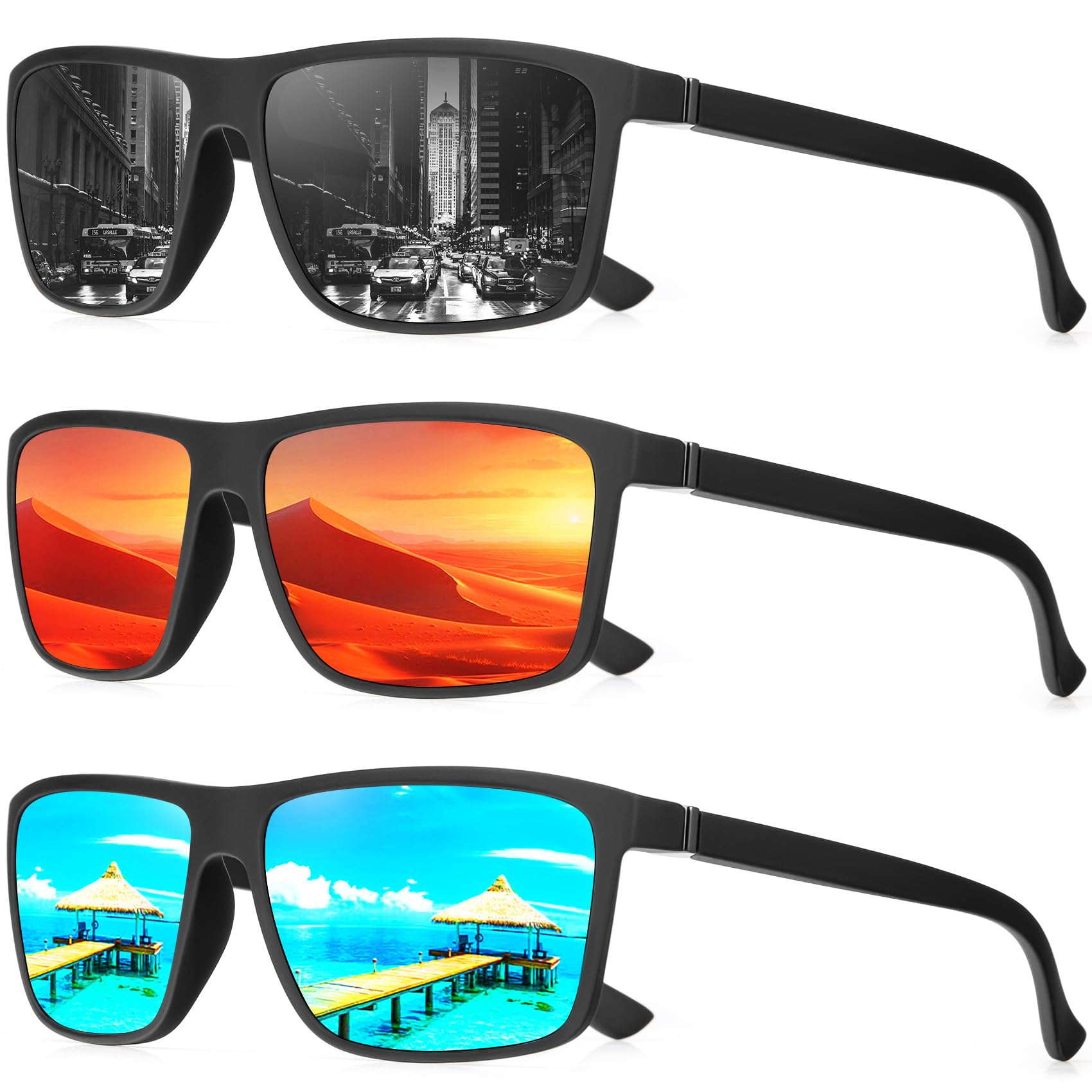 NSSIW Sunglasses Men Polarized Mens-Sunglasses: Classic Sun Glasses with UV400 Protection for Driving Fishing Golf 3 Packs