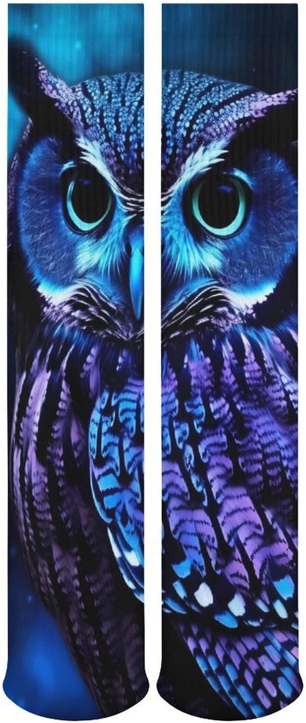 Breathable Crew Sock, Moisture Wicking, Athletic Calf Socks, Cozy | Blue Owl Compression Socks for Women Men, Lightweight High Work Socks for Business, Casual