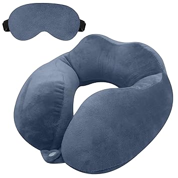 GREELI Rover Neck Pillow – Soft Fiber Filled Travel Neck Rest with Snap Button, Plush Fabric, Neck Support for Flight, Bus, Car, Neck Pillow for Neck Pain Relief (Grey with Eye Mask) - image, photos
