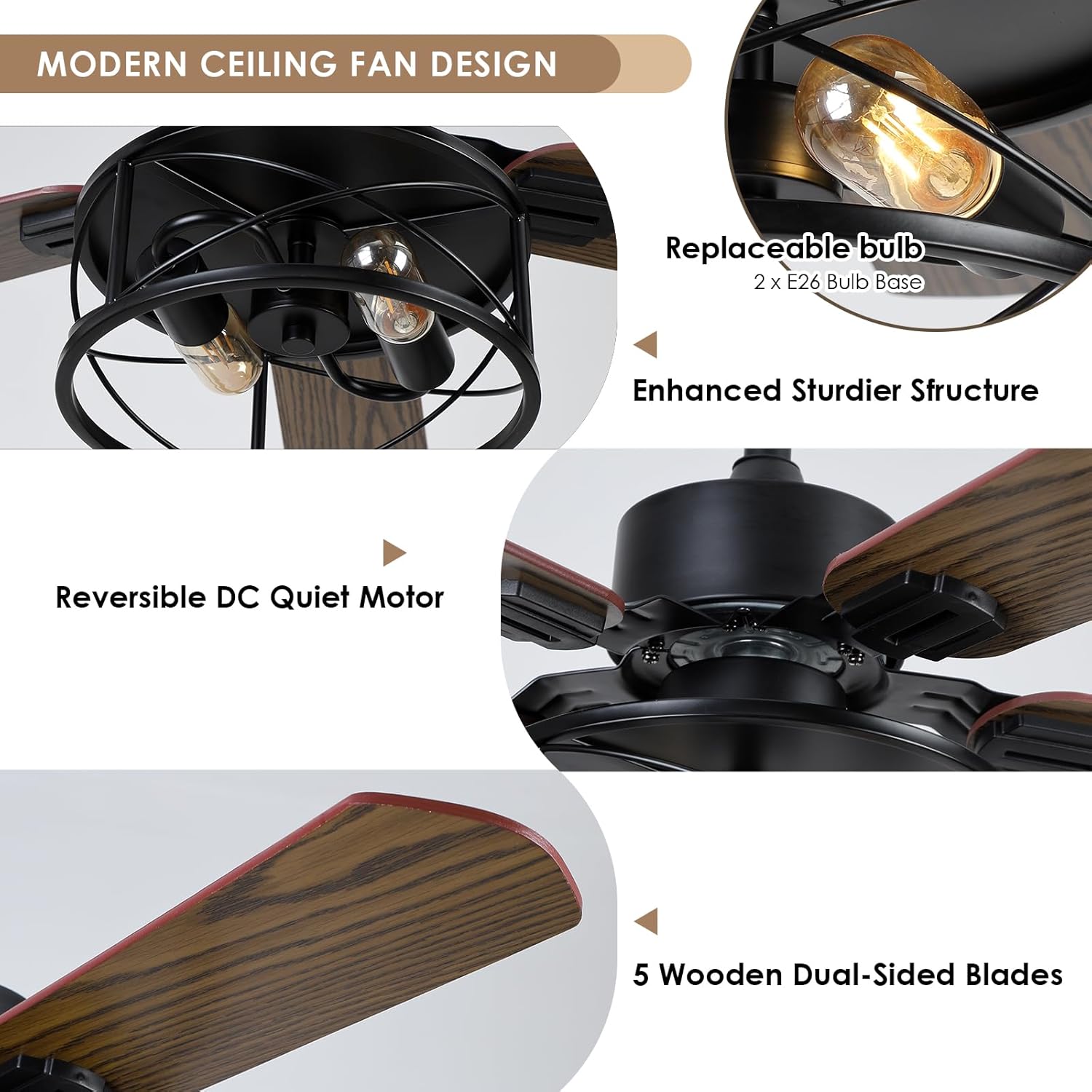 Hounberi 42 Inch Caged Ceiling Fans with Lights Remote Control, Downrod Ceiling Fans with Black Metal Lampshade, 6-Speed Reversible DC Motor, 5 Dual-Finish Blades for Bedroom Living Room, Wood Color
