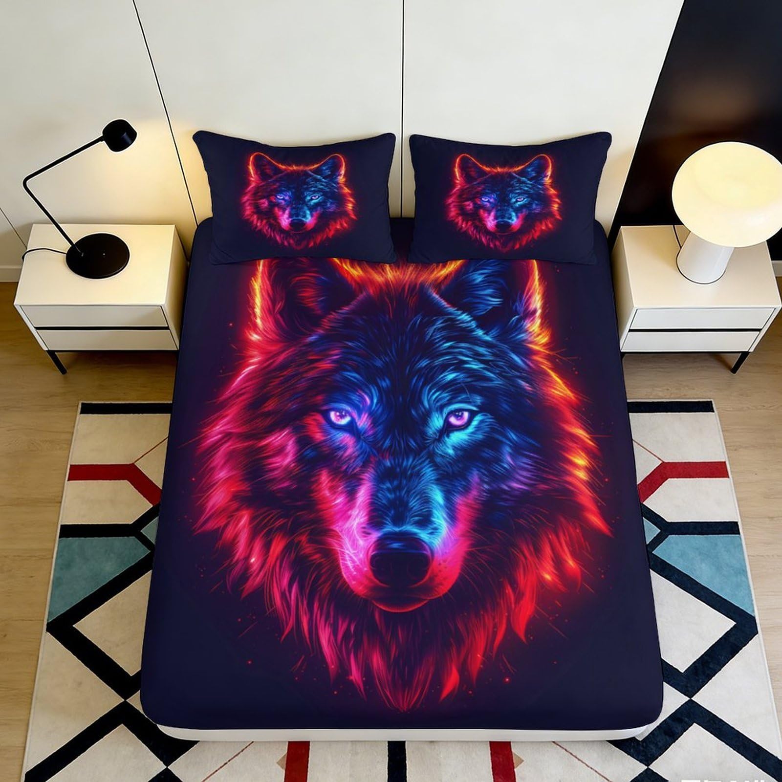 3D Printed Neon Wolf Fitted Sheet Microfiber Soft Breathable Vibrant Animal Bed Cover for Bedroom Dormitory Guest Room Mattress Protection Decor 120x200x25cm