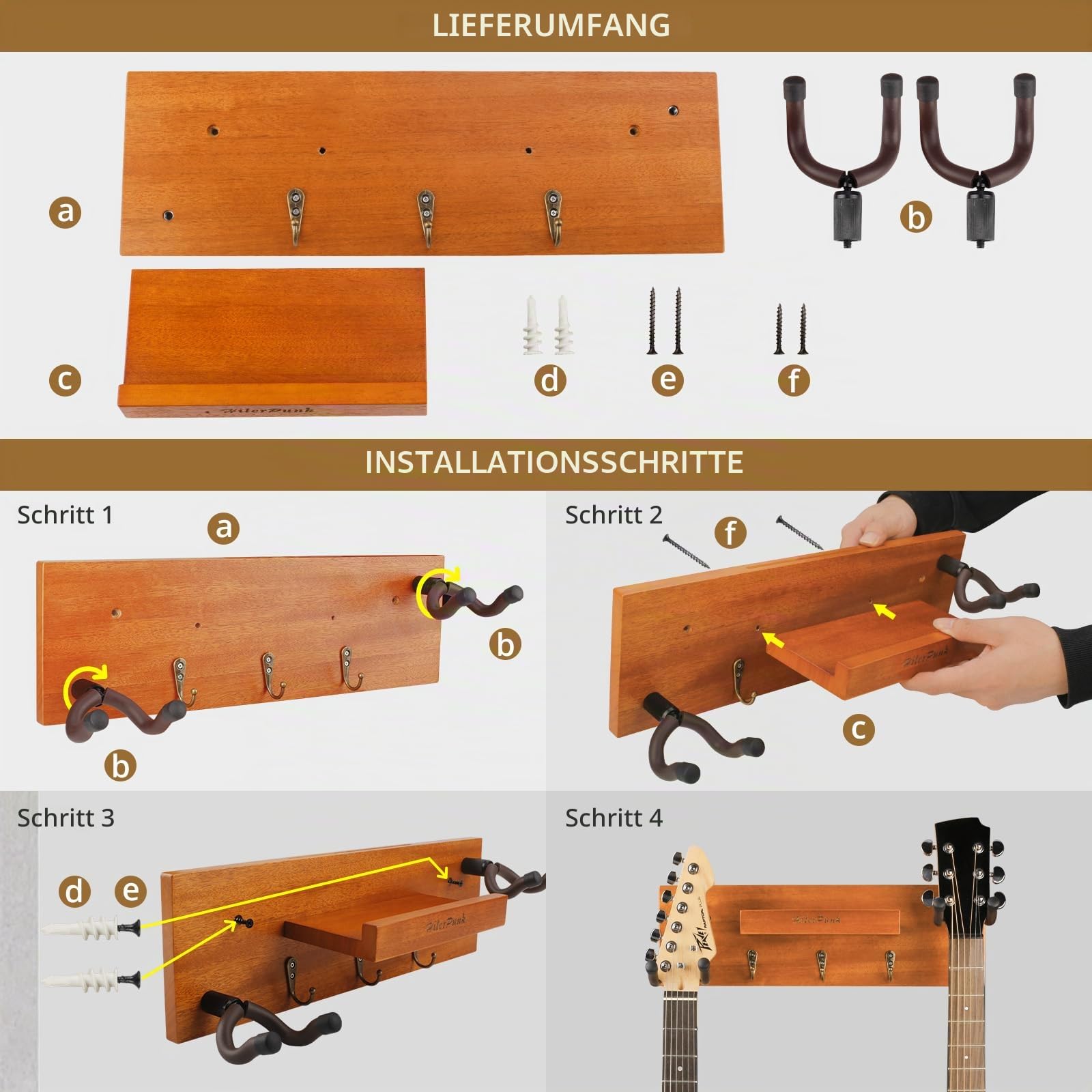 Gitarrenwandhalterung,Massivholz, Gitarrenwandaufhänger mit 3 Aufbewahrungshaken und 2 drehbaren Gummi Gitarrenaufhängern,Gitarrenständer mit Ablage und Plektrum Halter