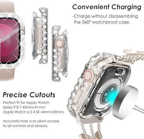 Miniatura 6 de KADES Funda brillante 2 en 1 compatible con Apple Watch Series 9, 8, 7, 1.772 in, 360, impermeable, con diamante, cubierta protectora y trasera para