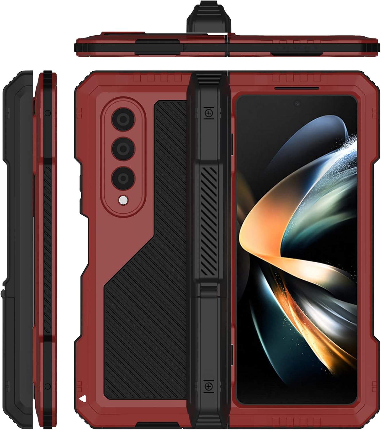 Compatible for Samsung Galaxy Z Fold 4 Metal Case with Kickstand,3 Layers Full Body Protective Shockproof Aluminium Cover Case Metal Screw Installation for Samsung Z Fold 4 Phone Case (Red)
