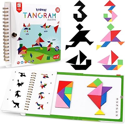 Travel Tangram Puzzle Car Game Magnetic Pattern Blocks Road Airplane Trip Essentials Activities Montessori Educational Toys Brain Teasers Book for Age 4-8 Kids Boys Girls Toddler (368 Solution)