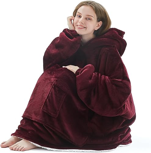 Miniatura 2 de L'AGRATY Manta con capucha gigante de gran tamaño con mangas de bolsillo para mujeres y hombres, franela sherpa, suave, cálida, acogedora, suéter,