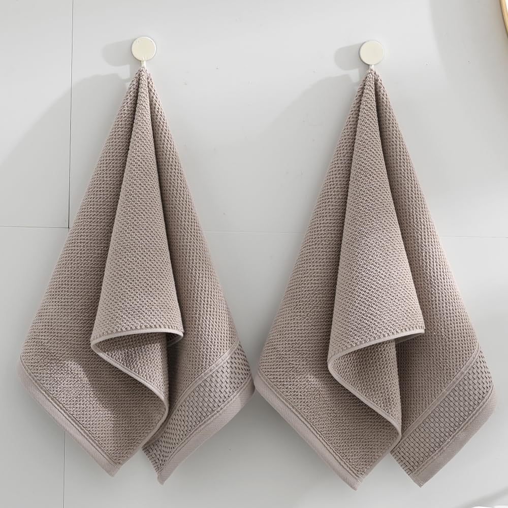 sense gnosis Brown Hand Towels Set of 2 Textured Terry Clusters 100% Cotton Super Soft Highly Absorbent Quick Dry Woven Border Decorative Hand Towel for Bathroom Guest 13" X 29"