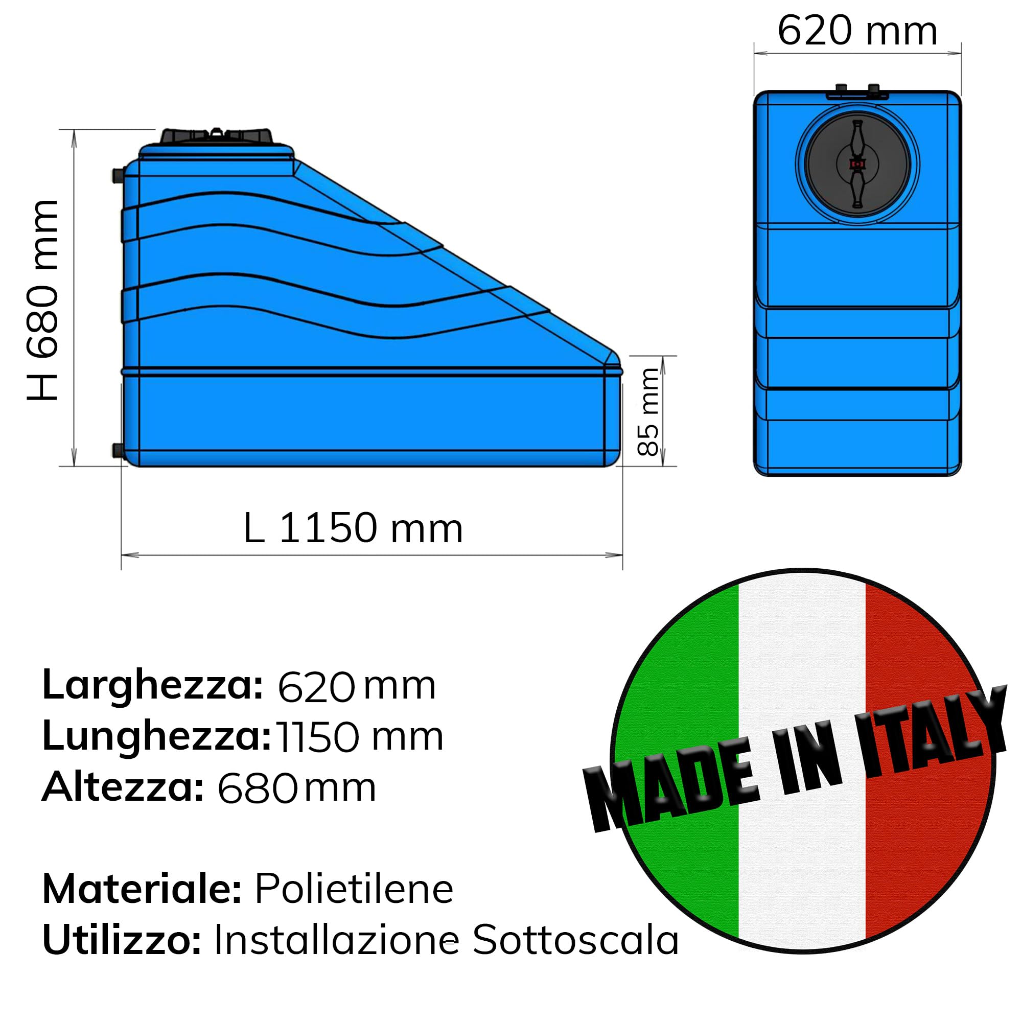 ESTO Serbatoio Acqua per Acqua Potabile 300L per Sottoscala, Cisterna Blu in Polietilene per Uso Esterno Predisposizione Rubinetto, Resistente Made in Italy (300 Litri)