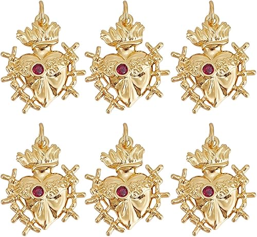 Beebeecraft 6 dijes de corazón sagrado chapado en oro de 18 quilates, circonita cúbica rosa profundo, piedras preciosas mexicanas Milagros con forma