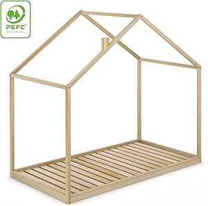 Cama Infantil Tipo Montessori Space, Casita Madera Natural para niño y niña, 90x190 cm