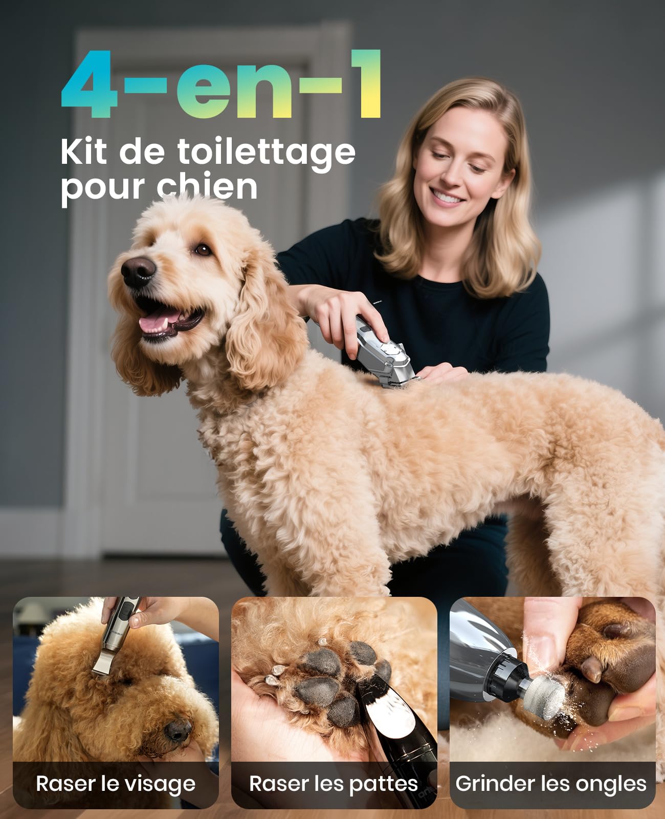 Tondeuse pour chien 4 en 1 oneisall pour poils épais/denses, tondeuse professionnelle silencieuse/coupe-griffes/lime à ongles pour petits et grands chiens et chats, batterie 4h