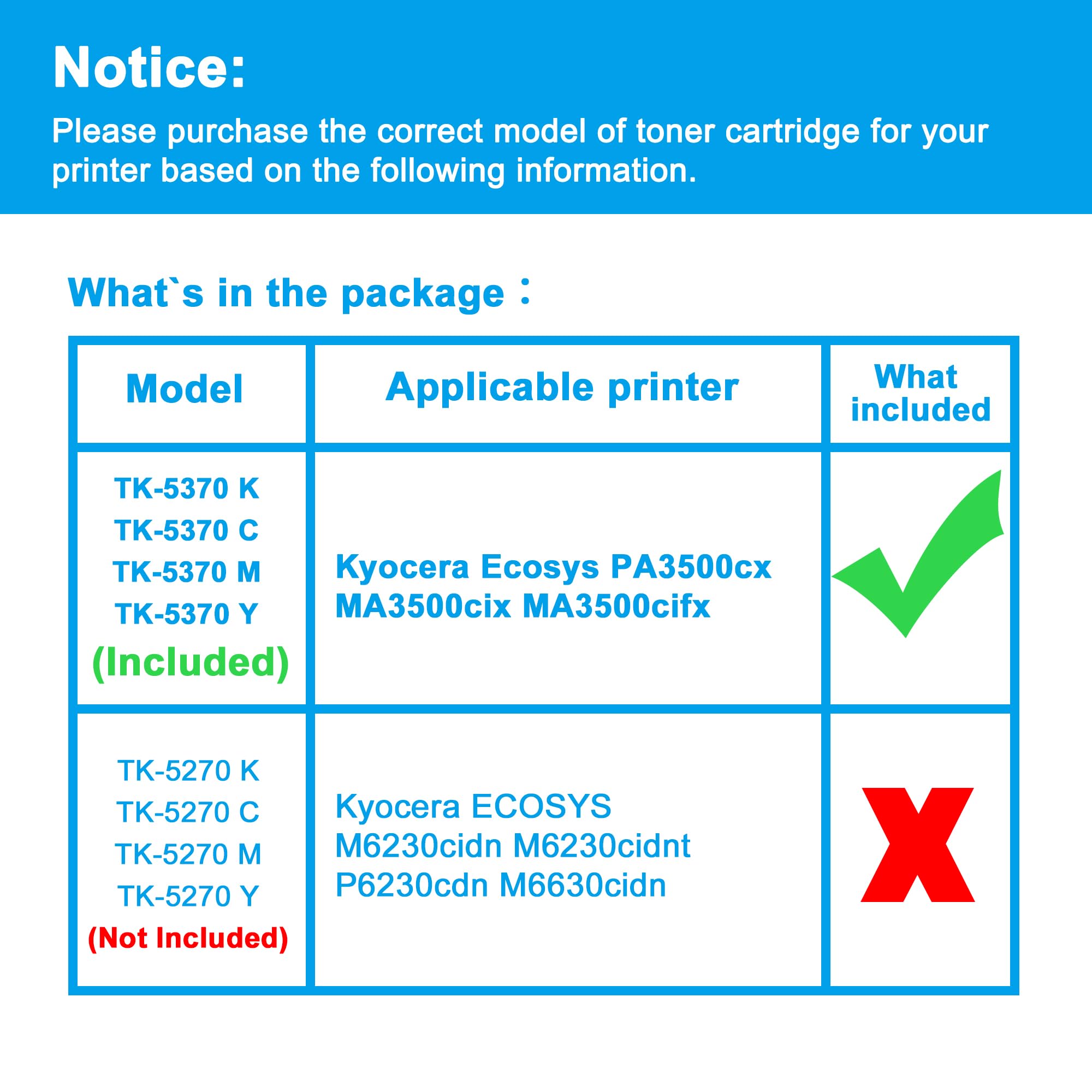 LCL TK5370 Cartucce di Toner Compatibile per Kyocera TK-5370 TK-5370K TK-5370C TK-5370M TK-5370Y Compatibile per Kyocera Ecosys PA3500cx MA3500cix MA3500cifx(KCMY,4-Pack)