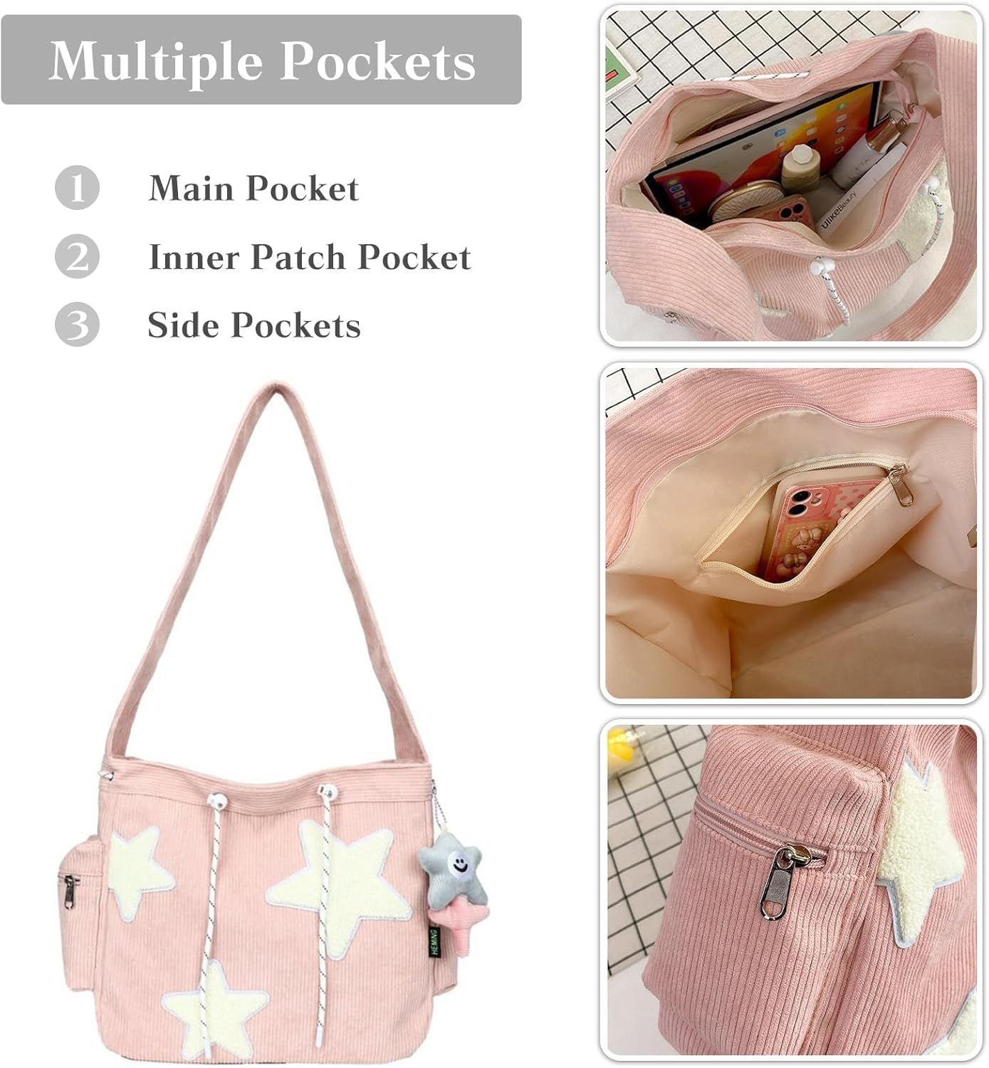 PORRASSO Corduroy Crossbody Bag Shoulder Bag Tote Messenger Bag with Pendant Women Satchel for Dating Travel Daily Use Green