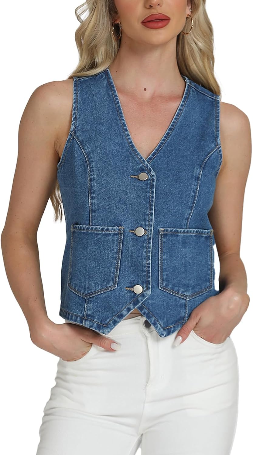 Women's Denim Vest Button Down Jean Vest Sleeveless Jean Tank Tops Cropped Casual Y2K Fashion Waistcoat
