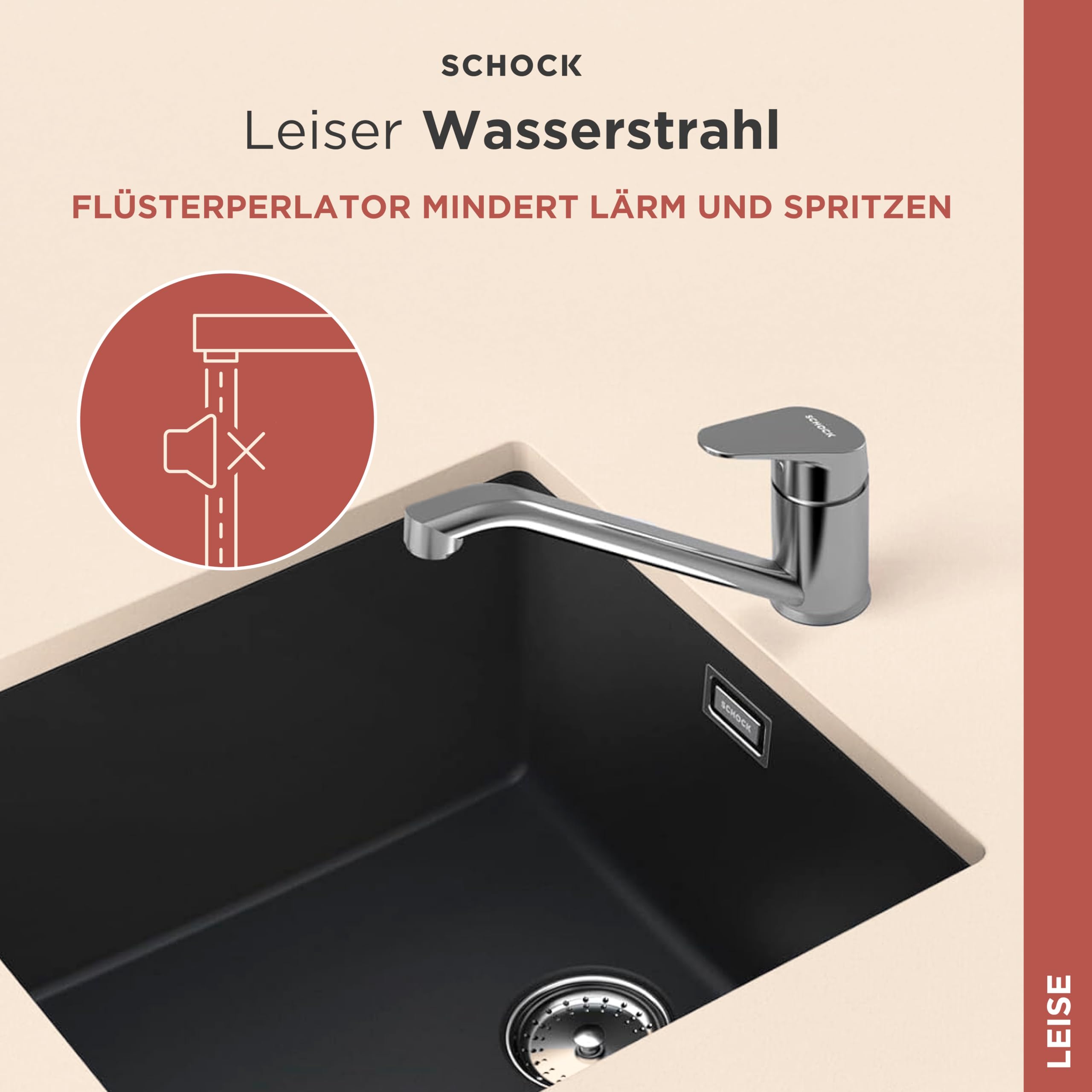 SCHOCK® Küchenarmatur Evinas Edelstahl I Hochdruck Einhebelmischer 360° drehbar I Armatur mit platzsparendem Festauslauf I Flüsterperlator für leisen Wasserstrahl