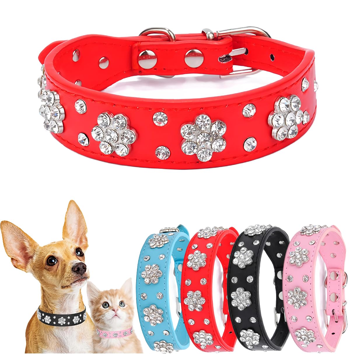 Bling Diamond Dog Collars for Small Dog Sparkling Leather Pet Collar Girl Female Rhinestone Crystal Glitter for XSmall Small Medium Dogs (Red,XS)