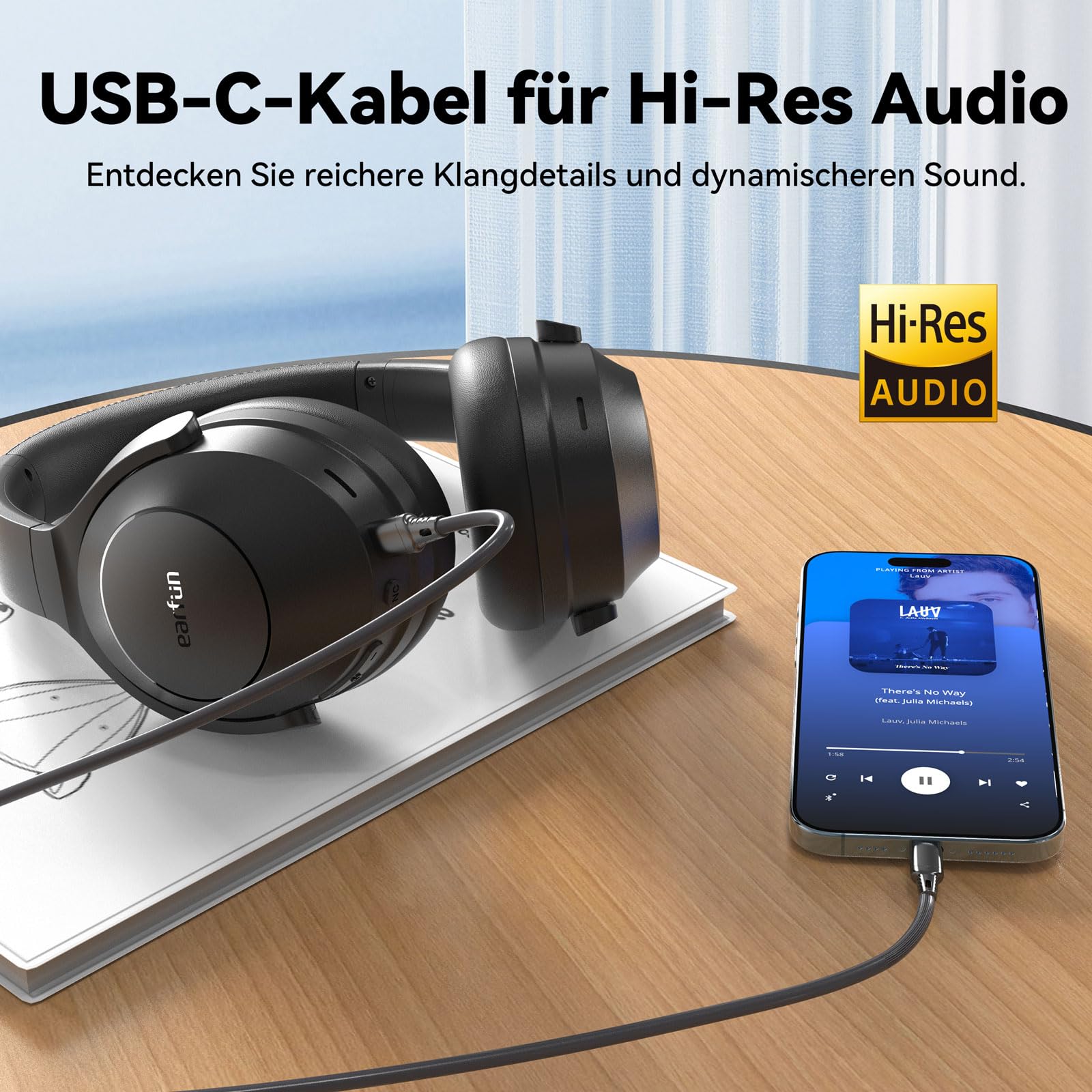 EarFun Wave Life Over Ear Noise Cancelling Bluetooth Kopfhörer Kabellos | Tiefer Bass, Hi-Res Klang, Hybrid ANC, 60 Std. Akku, 4 HD-Anrufmikrofone, Leicht, EQ in APP, Bluetooth Multipoint, EQ in App