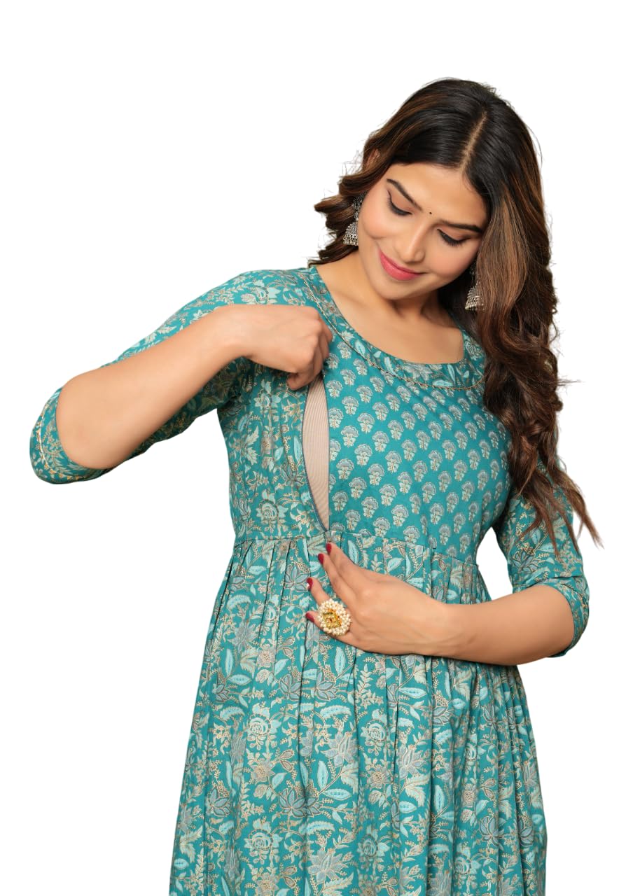 Women's Cotton Floral Printed Maternity Feeding Kurti with Zipper Maternity Gown for Women Feeding Dress | Maternity Kurta Set