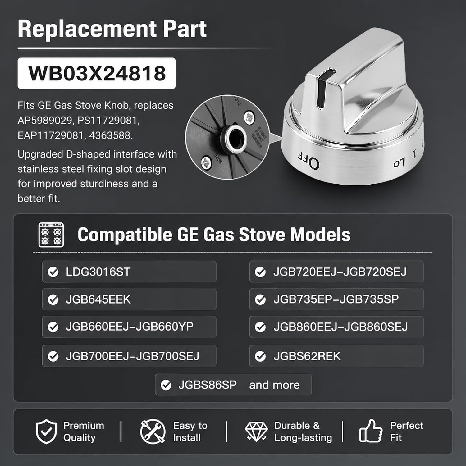 WB03X24818 Gas Stove Knobs， Stainless Steel Replacement for GE Range Stove