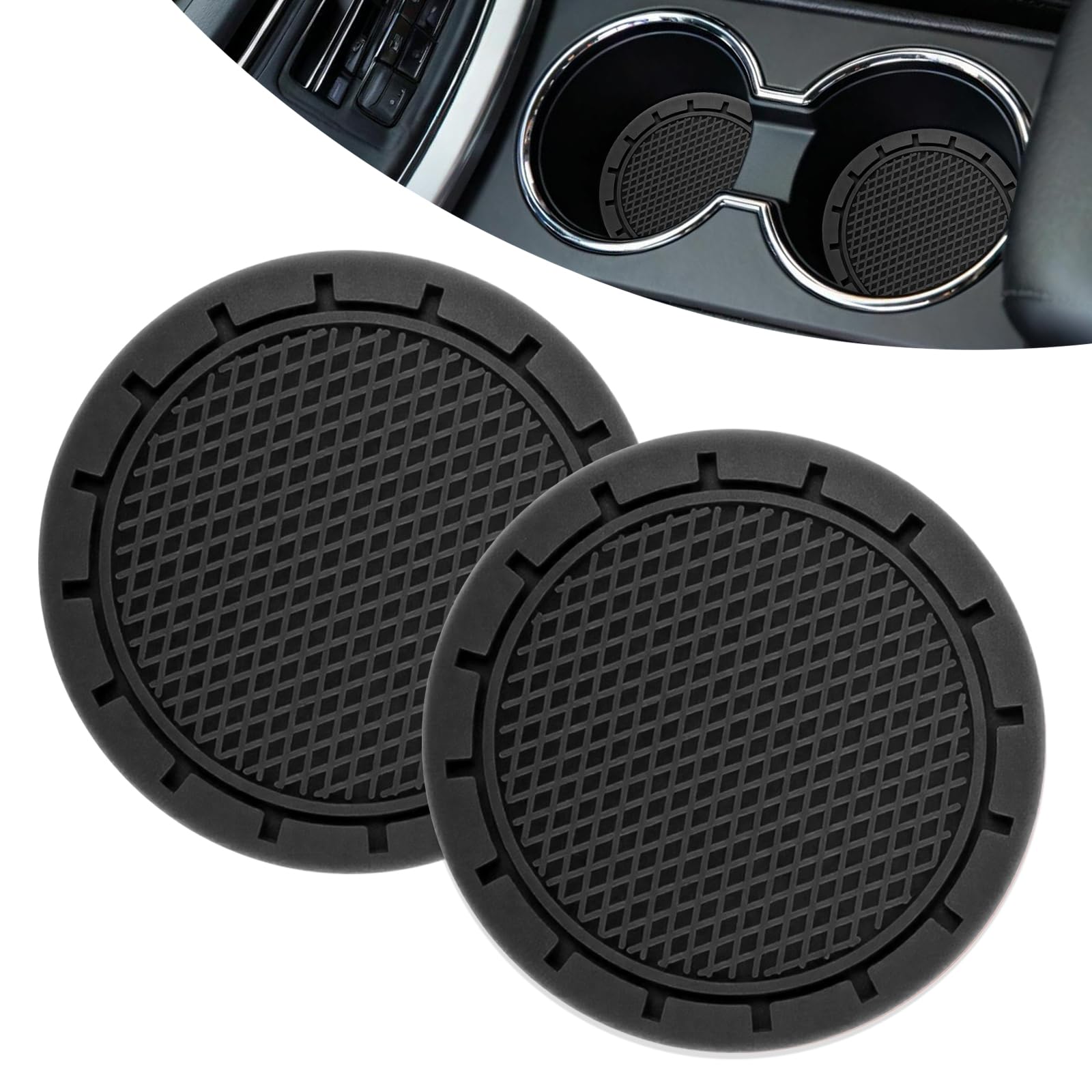 Vagcars Black 2Pcs Car Cup Holder Coasters, Non-Slip Shockproof Silicone Auto Insert Cup Coaster, 2.76 Inch Universal Car Cup Holder Bottom Insert Protector Coaster For Cars, Suvs, Trucks (Black)