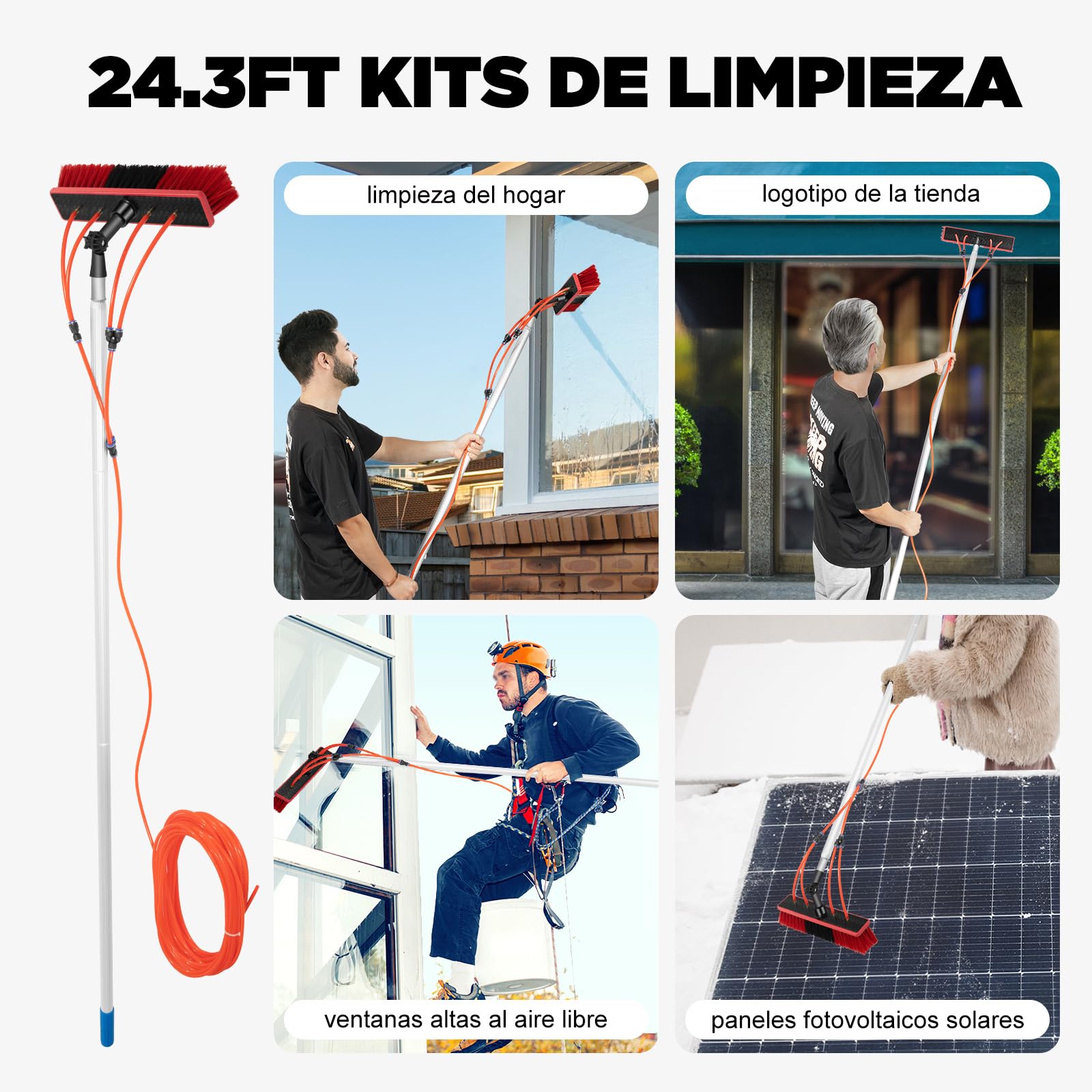 Cepillo de limpieza de 8 m, limpiador de ventanas, equipo de lavado de ventanas, plumero Telescópico, herramienta de cristal, para perca telescópica de limpieza paneles solares, ventanas y puertas de