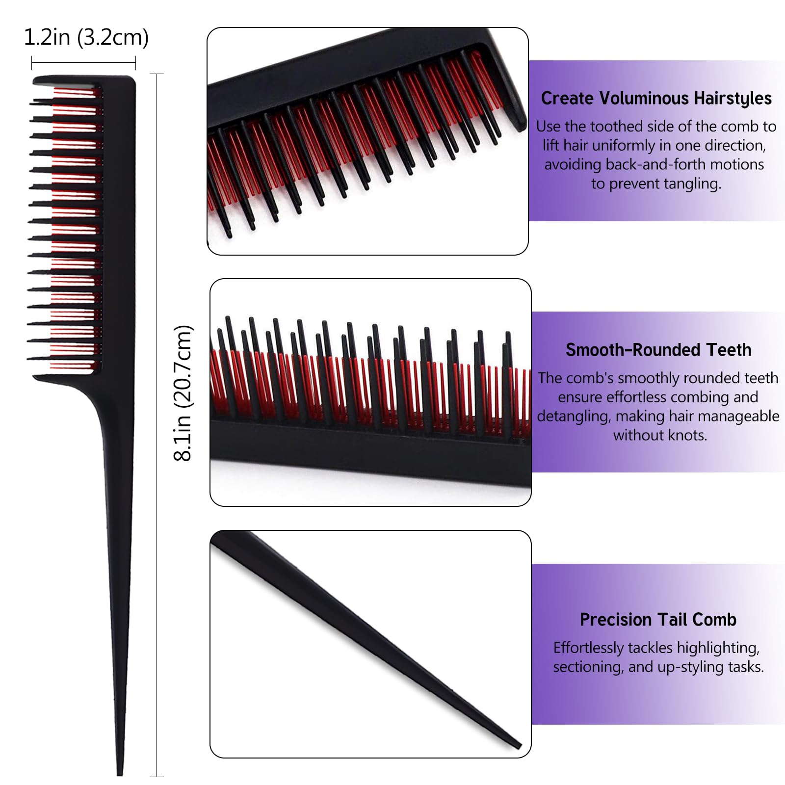 Paquete de 3 peines profesionales para la cola para bromas de raíces para tipos de cabello fino y normal, para añadir volumen, peine para mujeres y hombres, 8.15 pulgadas, negro, magenta y morado 3