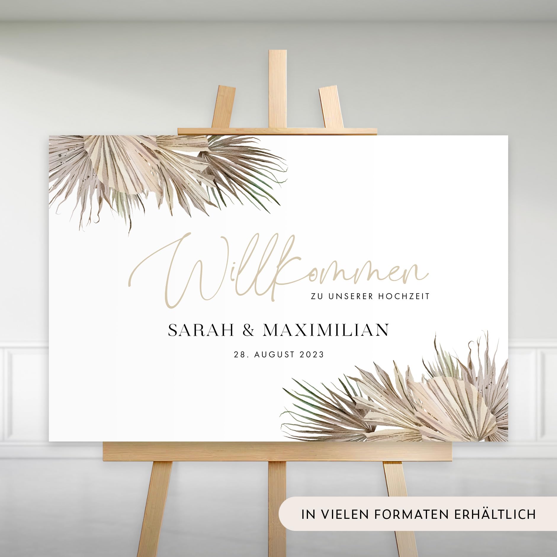 HEI Print Willkommensschild Hochzeit Beige mit Datum und Namen, personalisierte Hochzeitsdeko, Boho Willkommen Schild, Braun, 60x40 (Leinwand)