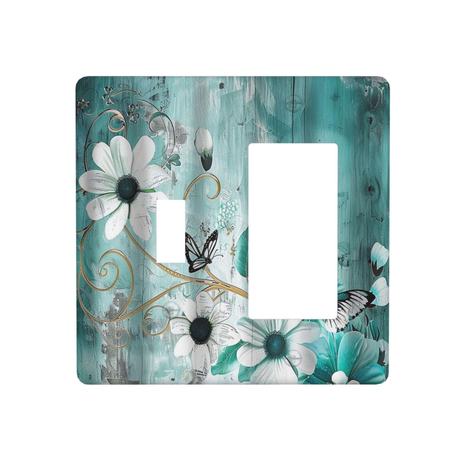 Spshian Decorative Outlet Covers Turquoise Flowers and Butterflies Rustic Teal White Floral 2 Gang 1 Gang Wall Plate Single Toggle Rocker Device