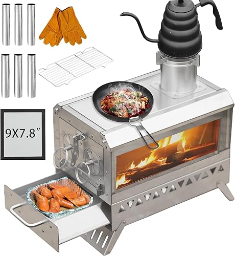 Estufa de leña portátil de acero inoxidable para acampar, pequeña estufa de tienda caliente con tubos de chimenea para exteriores, interiores,