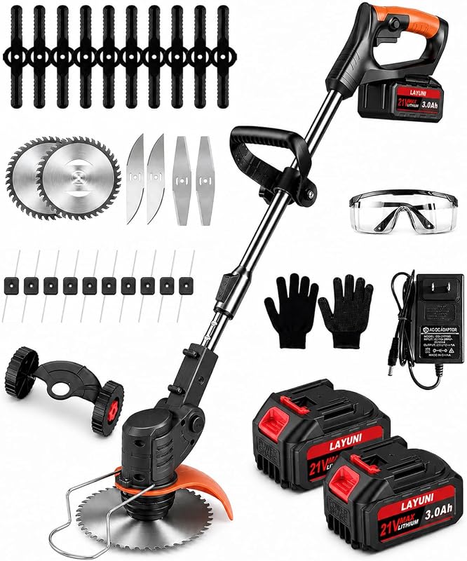 Cordless Weed Wacker with Wheels, 880W Battery Powered Weed Eater | with 2 x 21V Batteries, 3-in-1 Electric Grass Trimmer with 5 Types Blades, Lightweight Weed Trimmer for Lawn & Garden