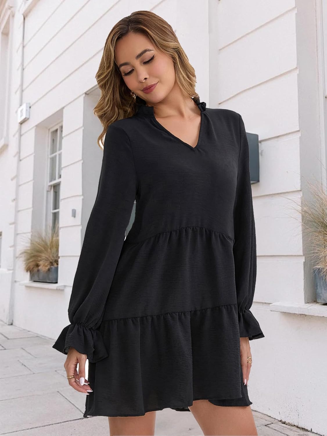 Baby Doll Dresses Women Fall Casual V Neck Ruffle Tiered Tunic Dress Knee Length Cute Dresses - Image 2