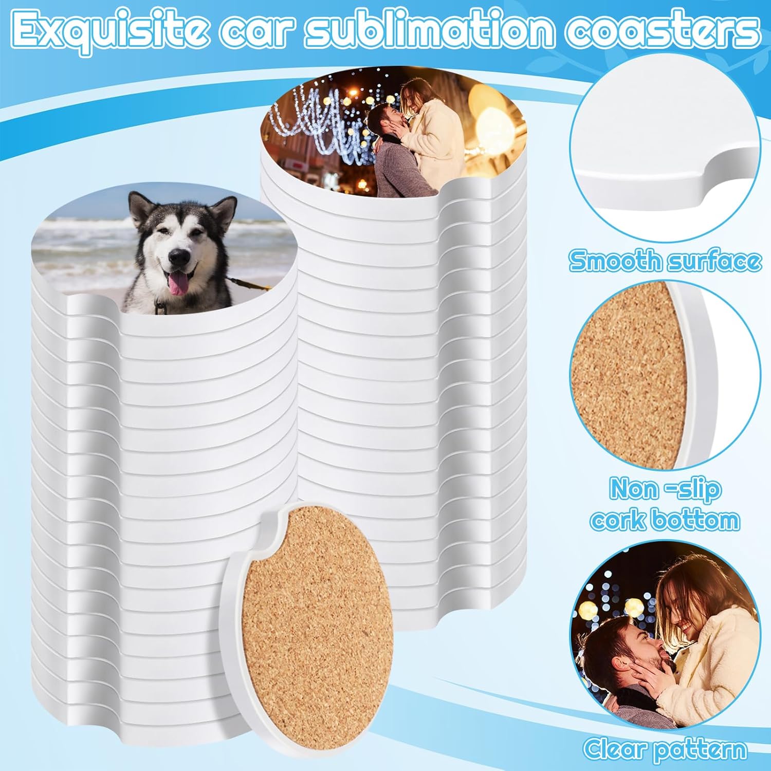 80 Pcs Sublimation Coasters Blanks Ceramic Car Coasters Sublimation Blanks Bulk DIY Personalized Ceramic Coasters Blanks 2.6'' Round Car Cup Coasters with Cork Back for Crafts