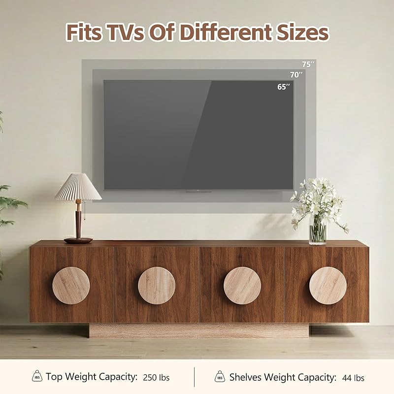 70.87 " Mid Century Modern TV Stand, Wood TV Consoles with Wooden Roud Pull and Adjustable Shelves, Entertainment Center with Sturdy Wooden Base, Two Tone Design Media Console for Living Room, Walnut image 2