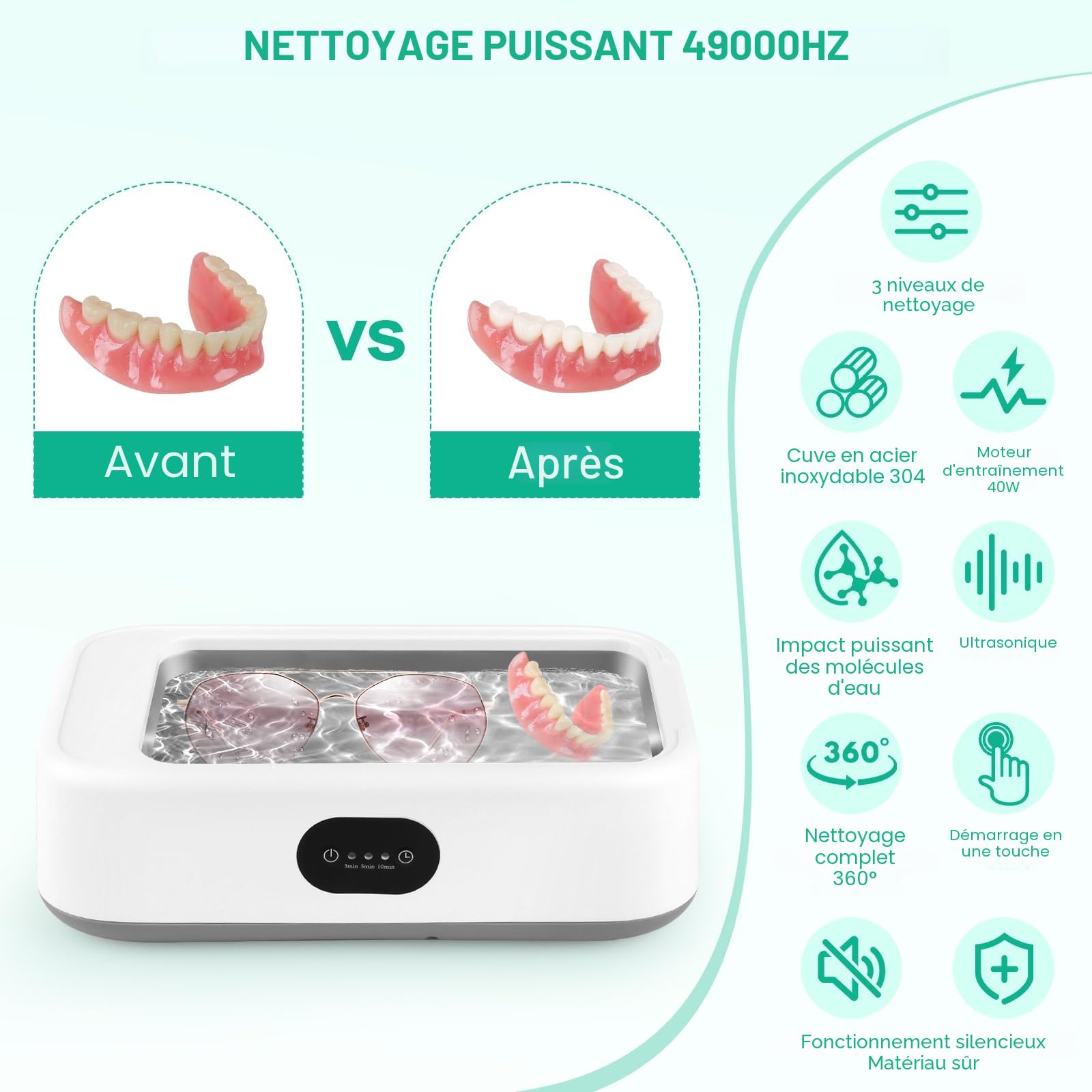 MXTIMWAN Nettoyeur Ultrasons 640ML, 49KHz Ultrasonic Low Noise Cleaner, avec 3 Minuteries Numériques, pour Bijoux, Dentier, Montres, Lunettes, Tête de Rasoir