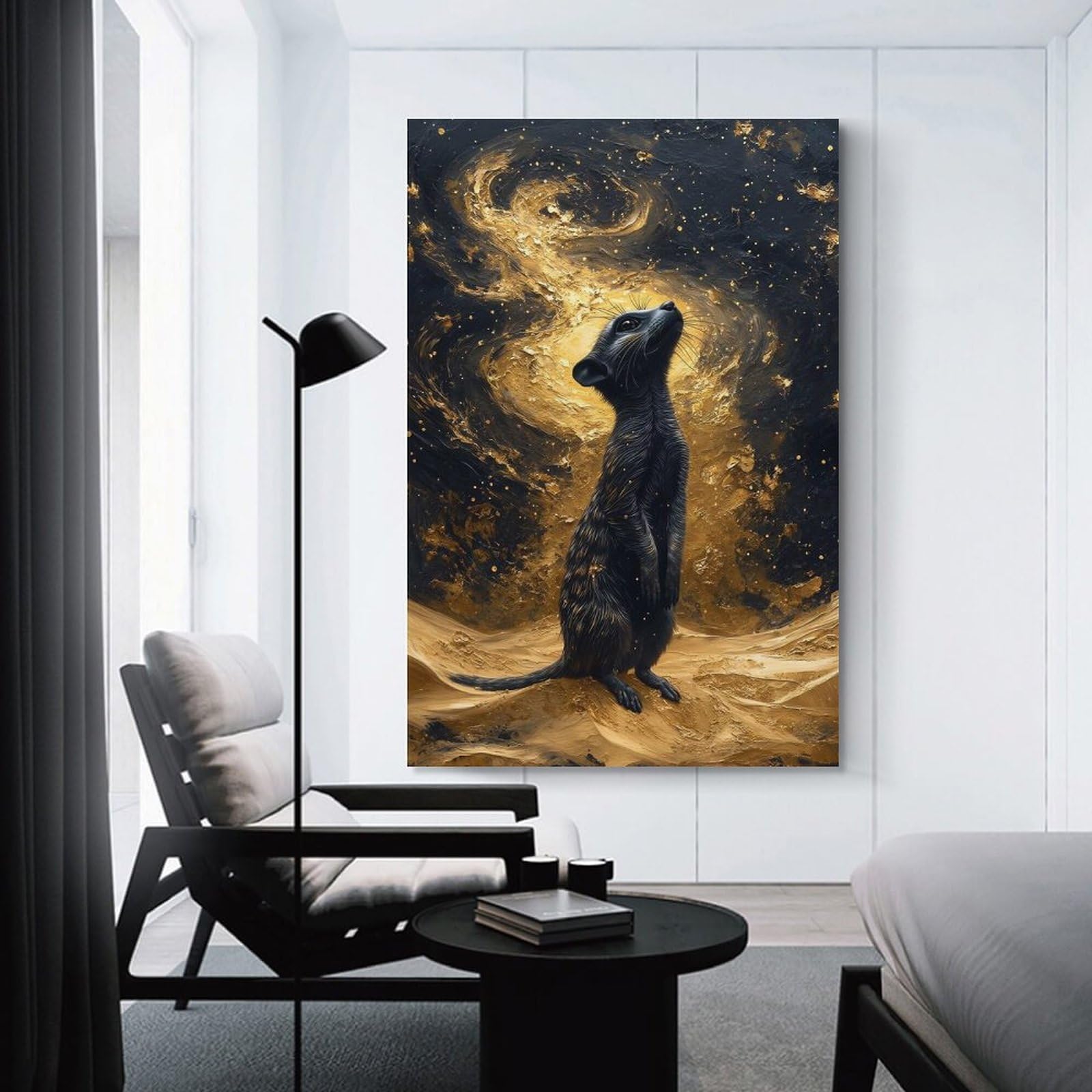 Junmoney Meerkat Gazing at Golden Galaxy Wall Art Print, 08x12inch(20x30cm), for Sofa Walls, Lounge Or Home Corners, Canvas Styling for A Polished Room Look