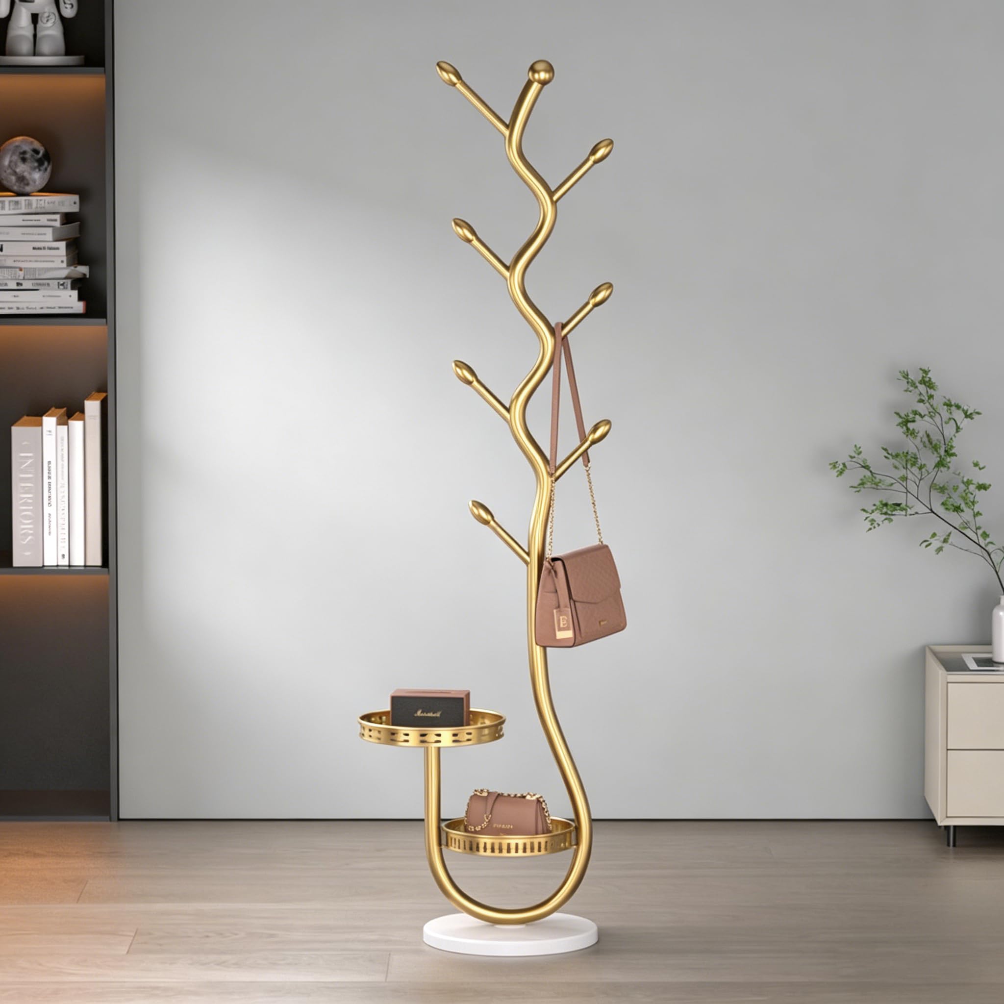 Generisch Freistehende Garderobe aus Metall mit Aufbewahrungskorb, mit 2 Ablagen Baumförmiger Garderobenständer, Stabiler Kleiderständer, Coat Stand, Hanger Stand Jackenständer Stehend, Gold