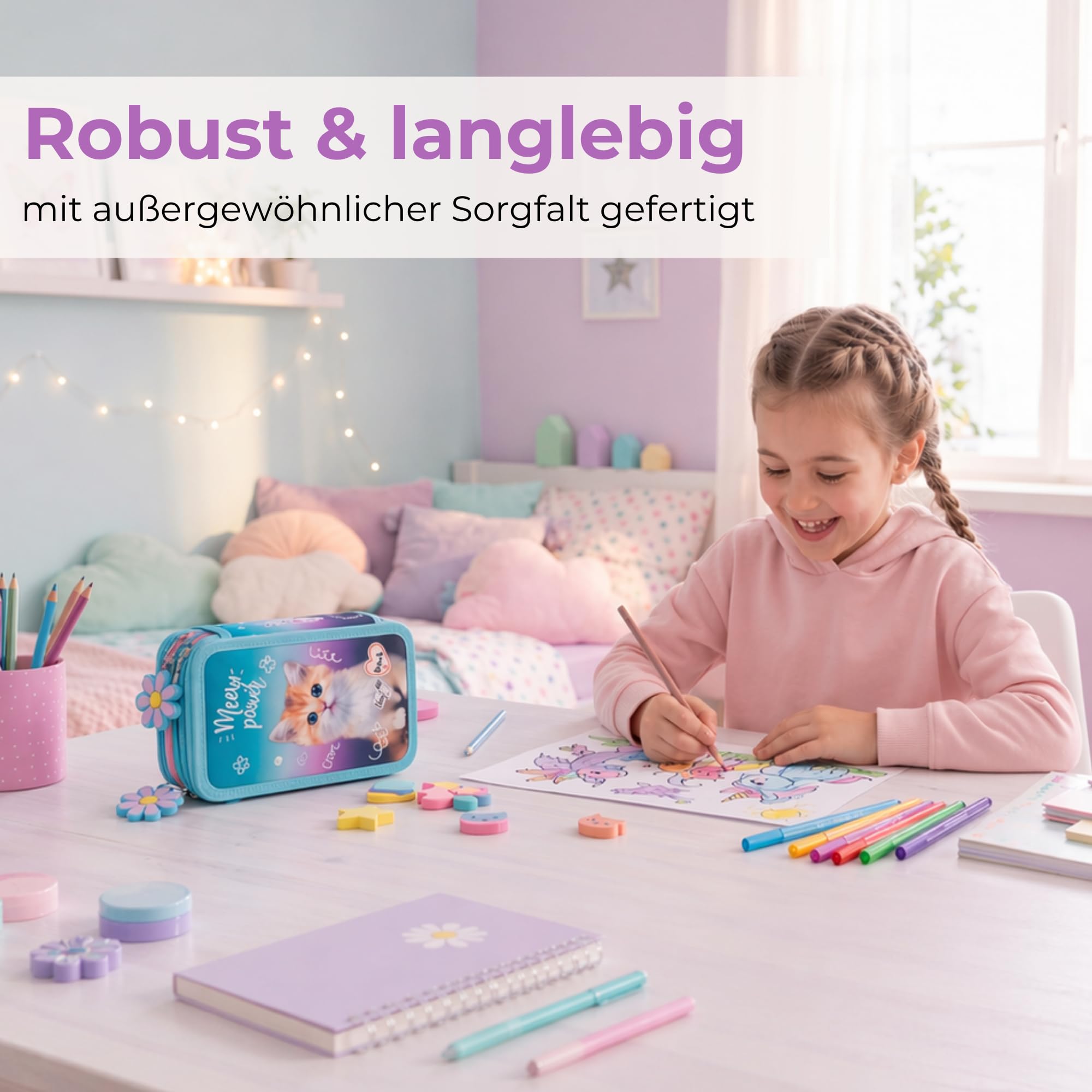 Goldkids - Federmäppchen 3 Fächer - Mäppchen für Mädchen und Jungen - Federmappe 3-Fach Federtasche 44-teilig Gefüllte Schüleretui Hausaufgabenheft- Katze Motiv