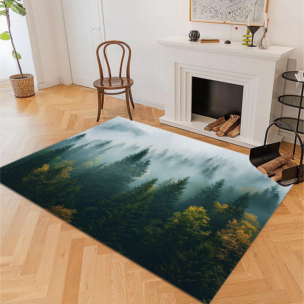 Franela Alfombras Antideslizantes 80x150cm Pintura de Paisaje de Paisaje Natural Alfombra Suave y Esponjosa que No se Desprende, Verde Alfombras Para Interiores Para Sala de Estar, Dormitorio, Comedor