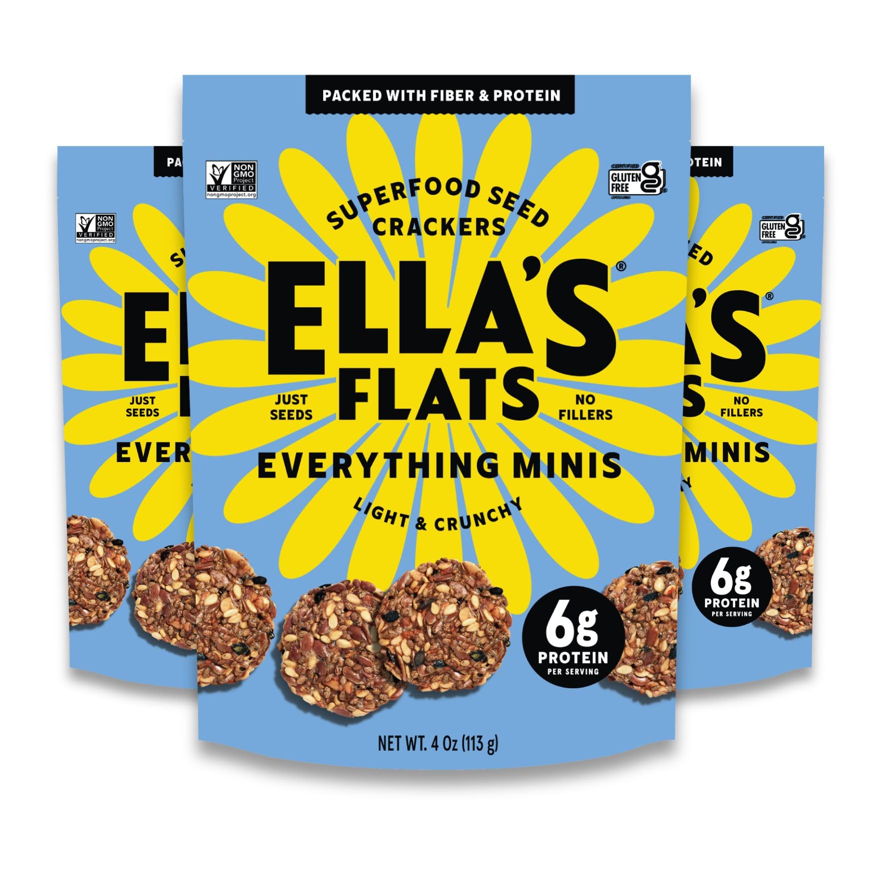 Ella’s Flats Minis - Everything (3 Pack) - Superfood seed crackers - Bold & savory - Just seeds, no fillers - 6g protein, 5g fiber, low carb