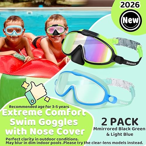 Miniatura 3 de Vvinca 2 gafas de natación para niños con cubierta para la nariz, máscara de buceo de natación de visión amplia, antivaho UV, anti roturas para