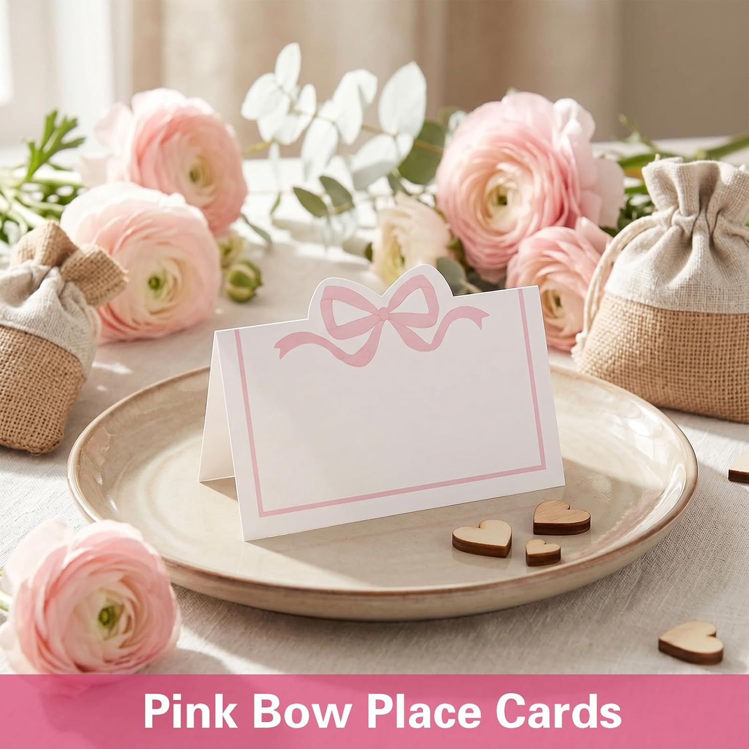 50 PCS Pink Bow Place Cards for Table Setting, Wedding Place Cards