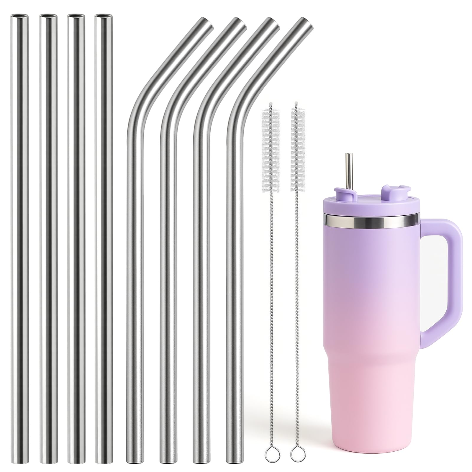 8Pcs Stainless Steel Replacement Straw for Stanley Cap Straw Brush Easy to Clean Water Bottle Straws, Reusable Straws