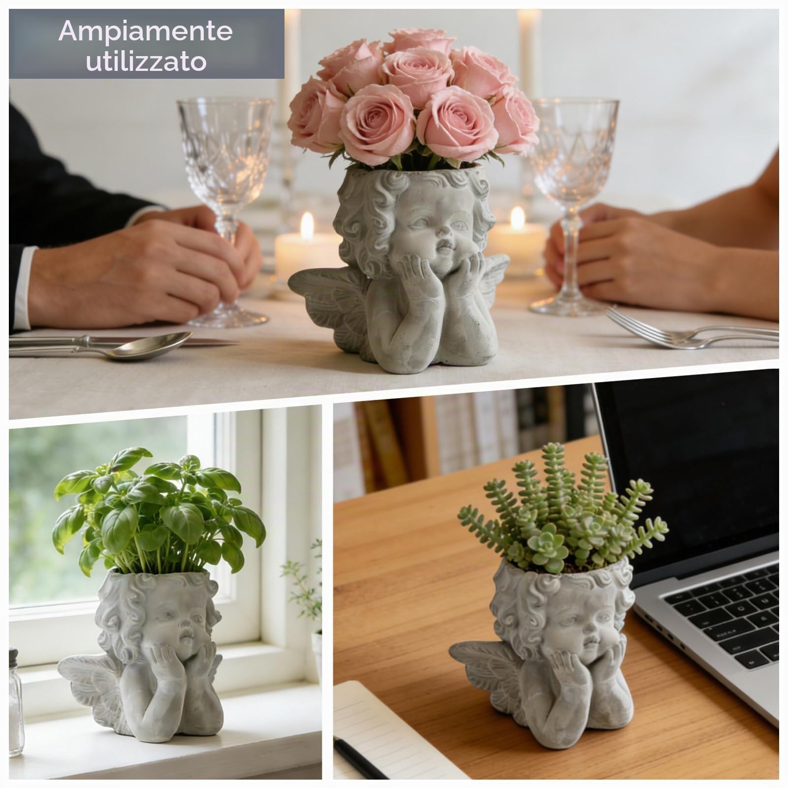 HERCHR Vaso a Forma di Testa d'Angelo, Elegante vaso da fiori in cemento per piante grasse, piante finte, Soprammobile Vintage Dipinto a Mano