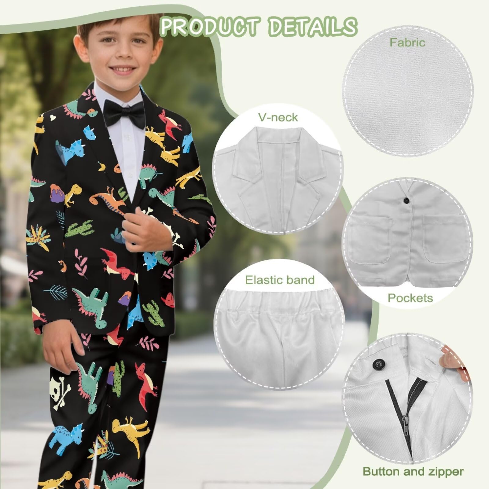 Biyejit 2-teiliges Anzug-Set für Jungen, mit einem Knopf, Blazer und Hose, lässige Smokingjacke, Alter 5–14 Jahre, Dinosaurier, 9-10 Jahre