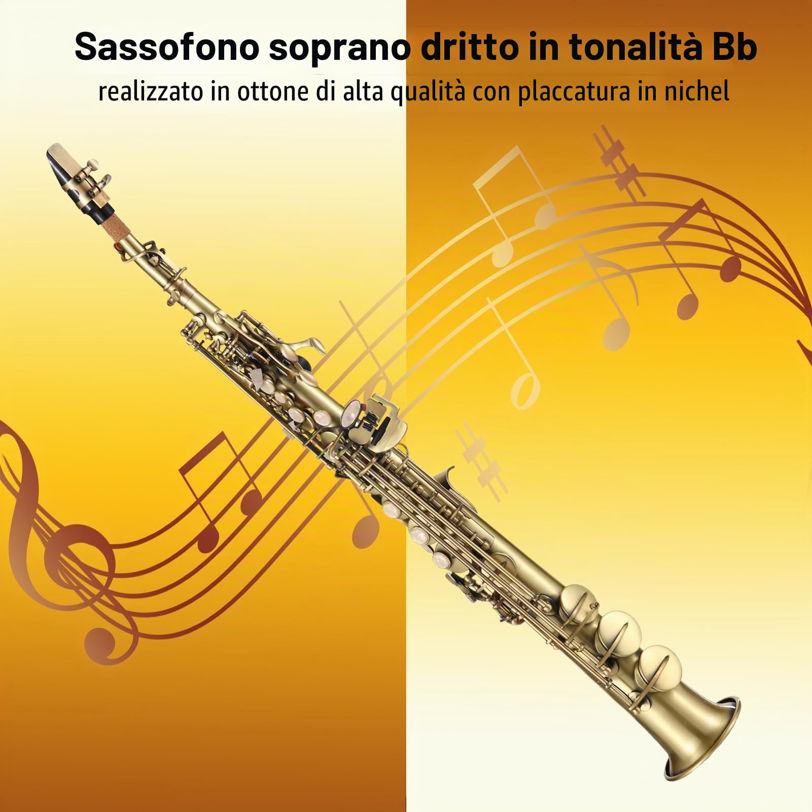 Sassofono dritto,Professionale Ottone Dritto Sib Soprano Sassofono Nichelato Sax Strumento a fiato Modello di intaglio con custodia per il trasporto Bocchino Kit di pulizia per ance Guanti Cing