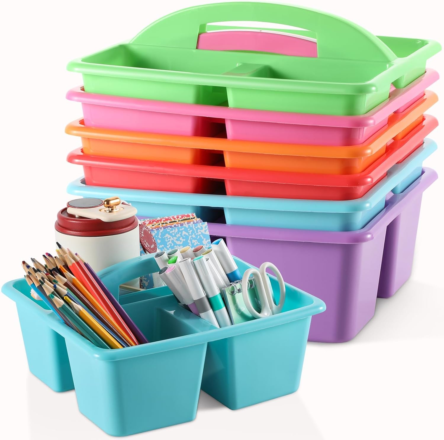 6 Pack 3 Compartment Small Caddy Plastic Classroom Organizer with Handle Portable Teacher Supply Storage Caddy Craft Art Caddies for Pencil, Crayon, Marker, Home, Office, School Supplies(Classic)
