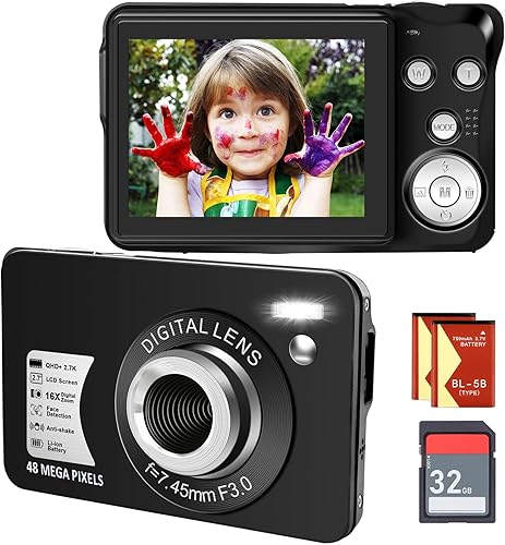 Cámara digital cámara para niños para adolescentes niños y niñas cámara digital de 48 MP 27 K con zoom digital de 16 x tarjeta SD de 32 GB y 2