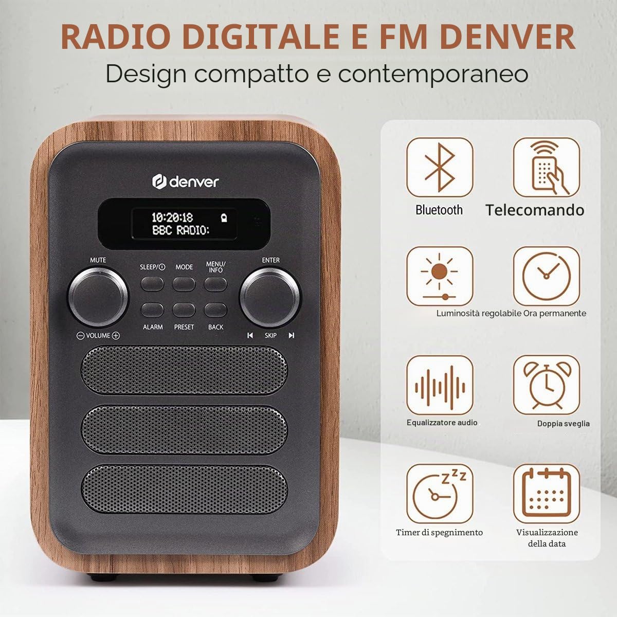 Radio digitale DAB+ e FM. Denver DAB-48GREY. Sveglia. Connessione Bluetooth. Volume: 2,5 W. Telecomando incluso. Grigio.
