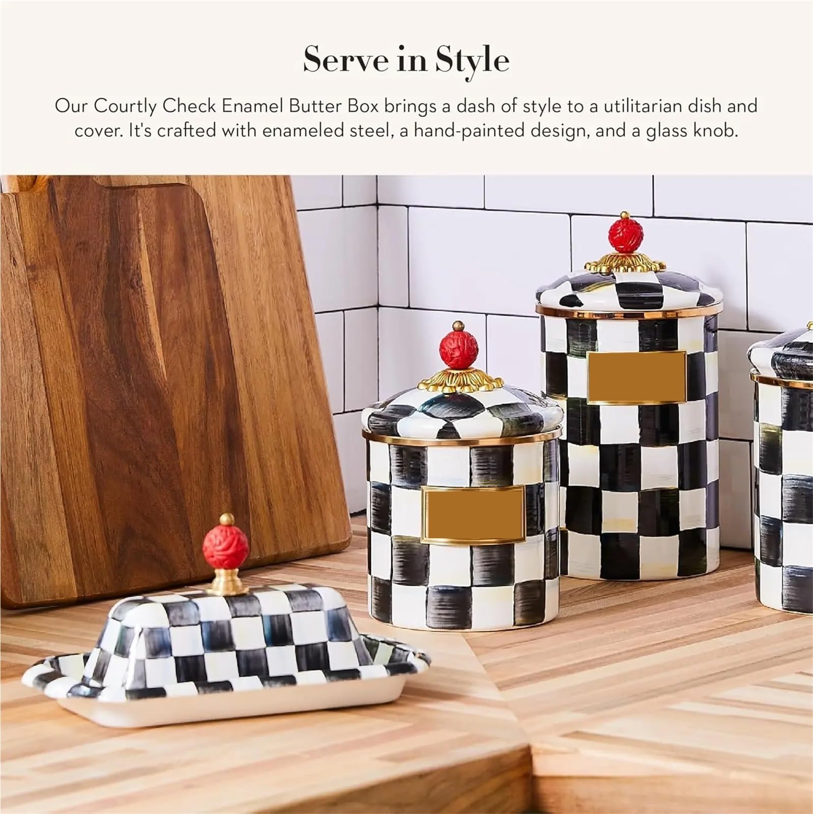 Beurrier en émail, joli plat à couvercle, motif carreaux courtois noir et blanc Pour Cuisine
